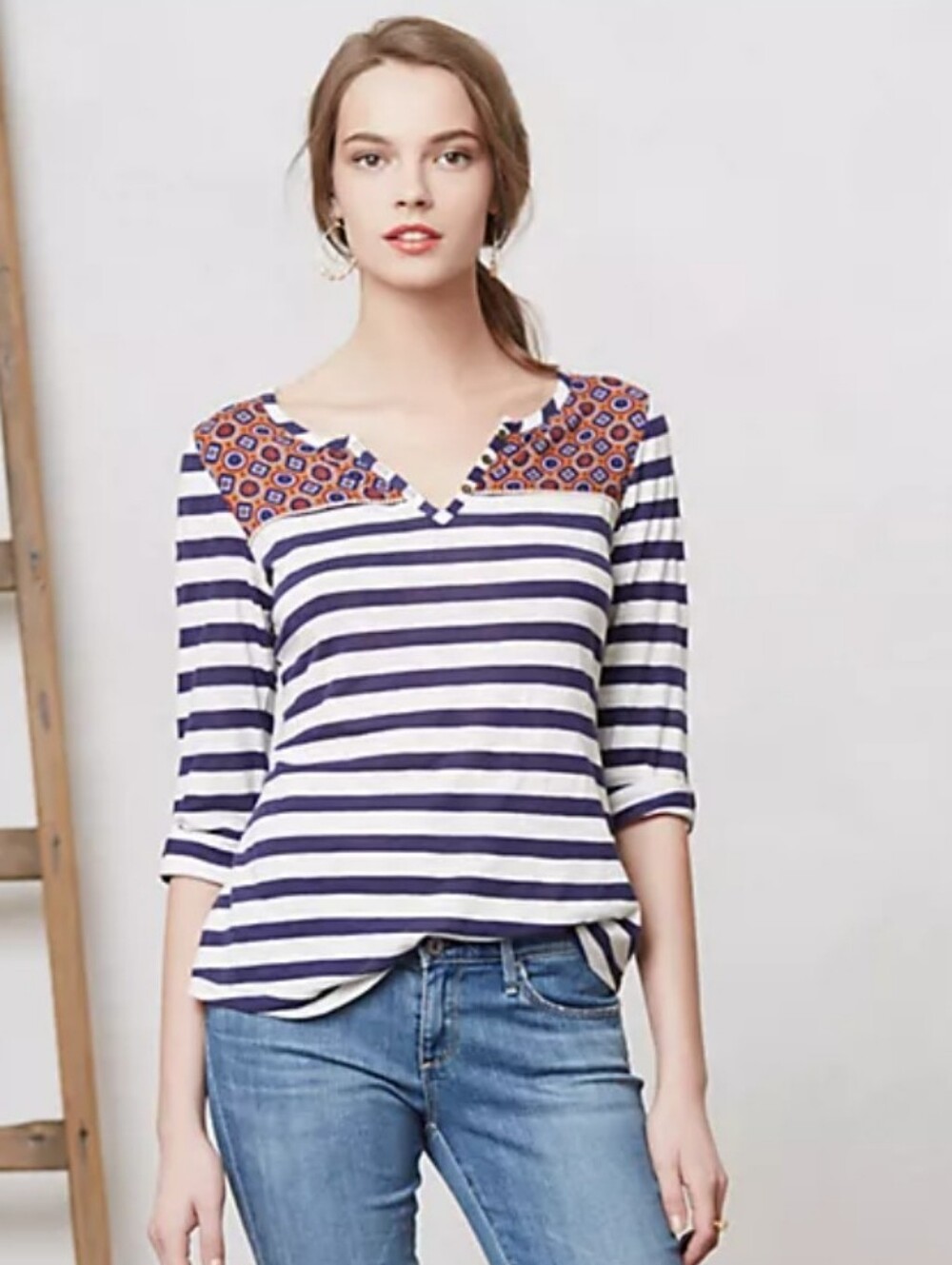 Anthropologie Postmark Stripe Mix Pattern Henley Tee Top Sz XS